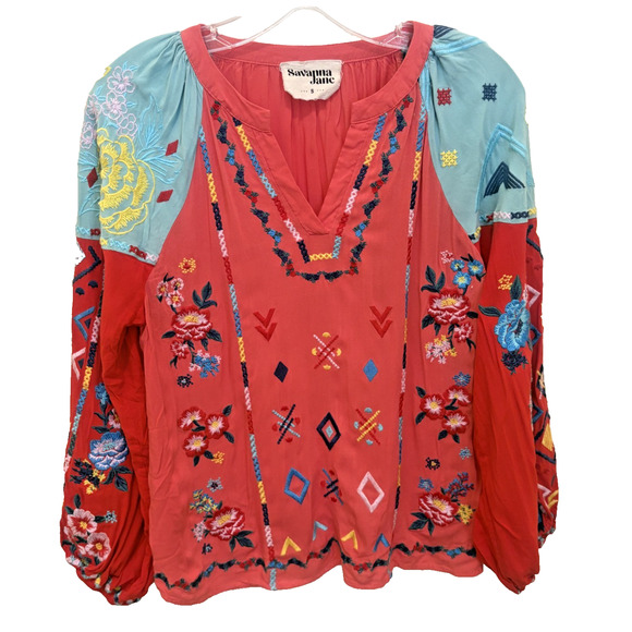 Savanna Jane Tops - Savanna Jane Top Women S Red Blue Floral Embroidered Long Sleeve